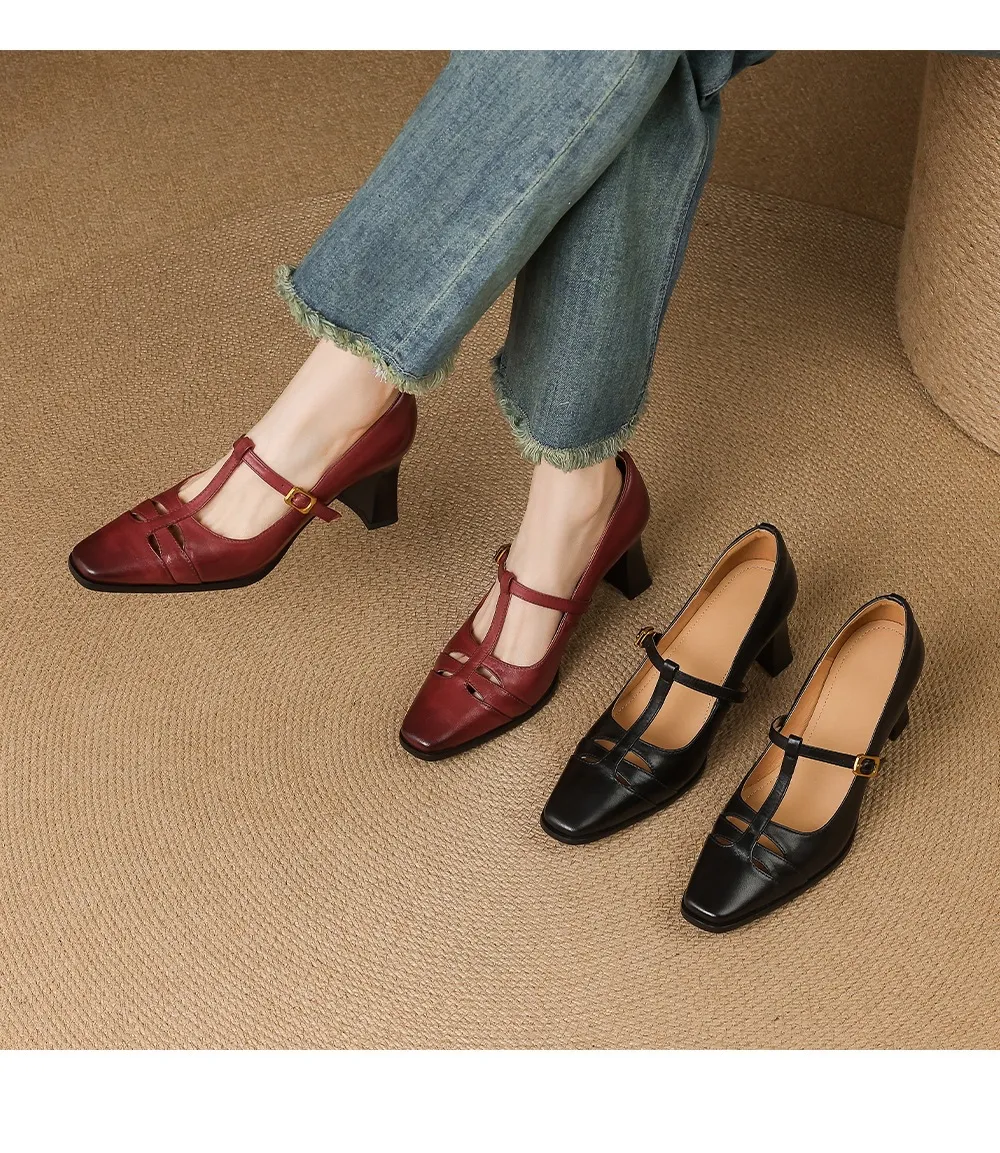 Fashionable spring and autumn hollowed-out shallow open single shoes, first layer washed cowhide square toe Mary Jane shoes for women