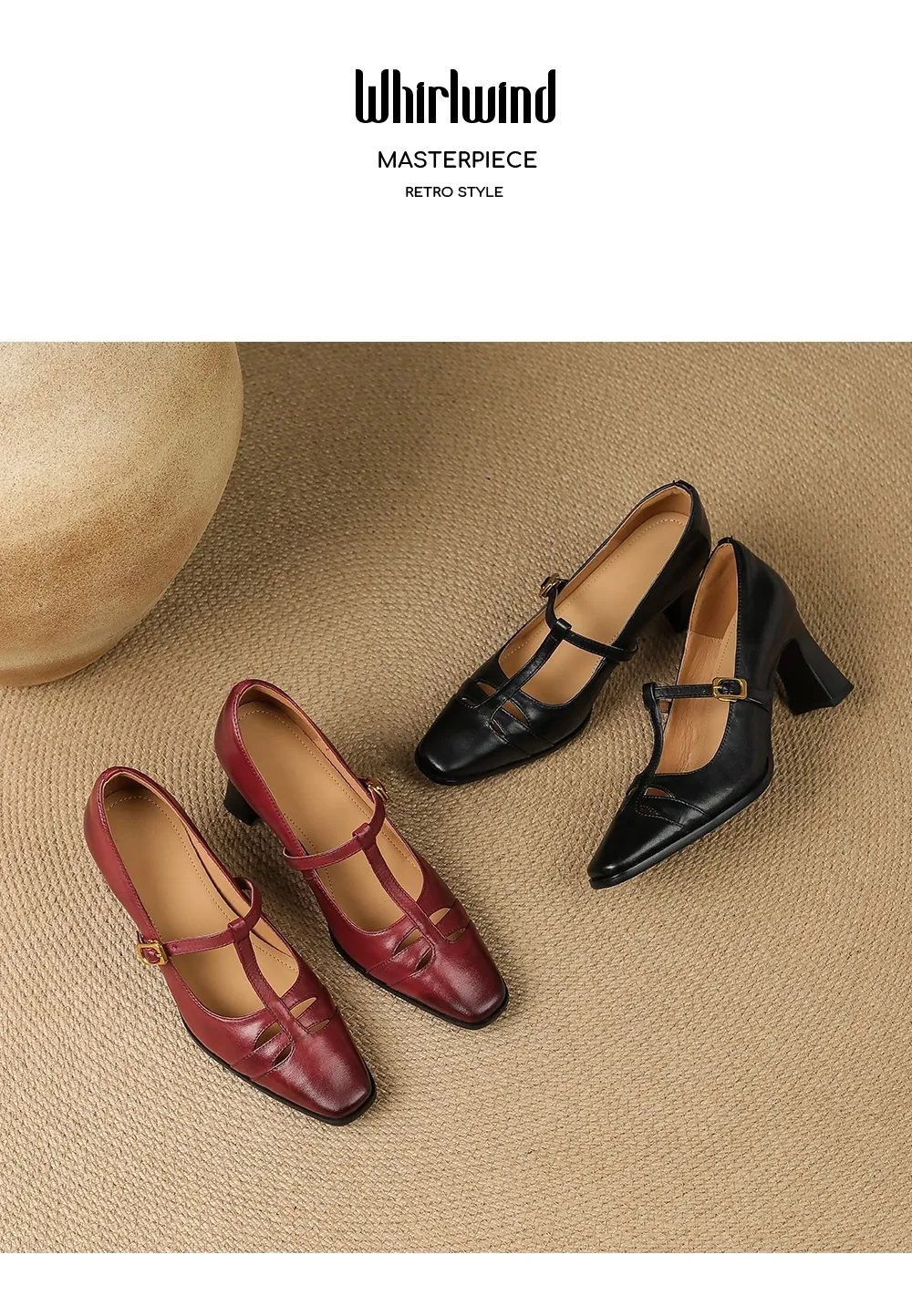 Fashionable spring and autumn hollowed-out shallow open single shoes, first layer washed cowhide square toe Mary Jane shoes for women