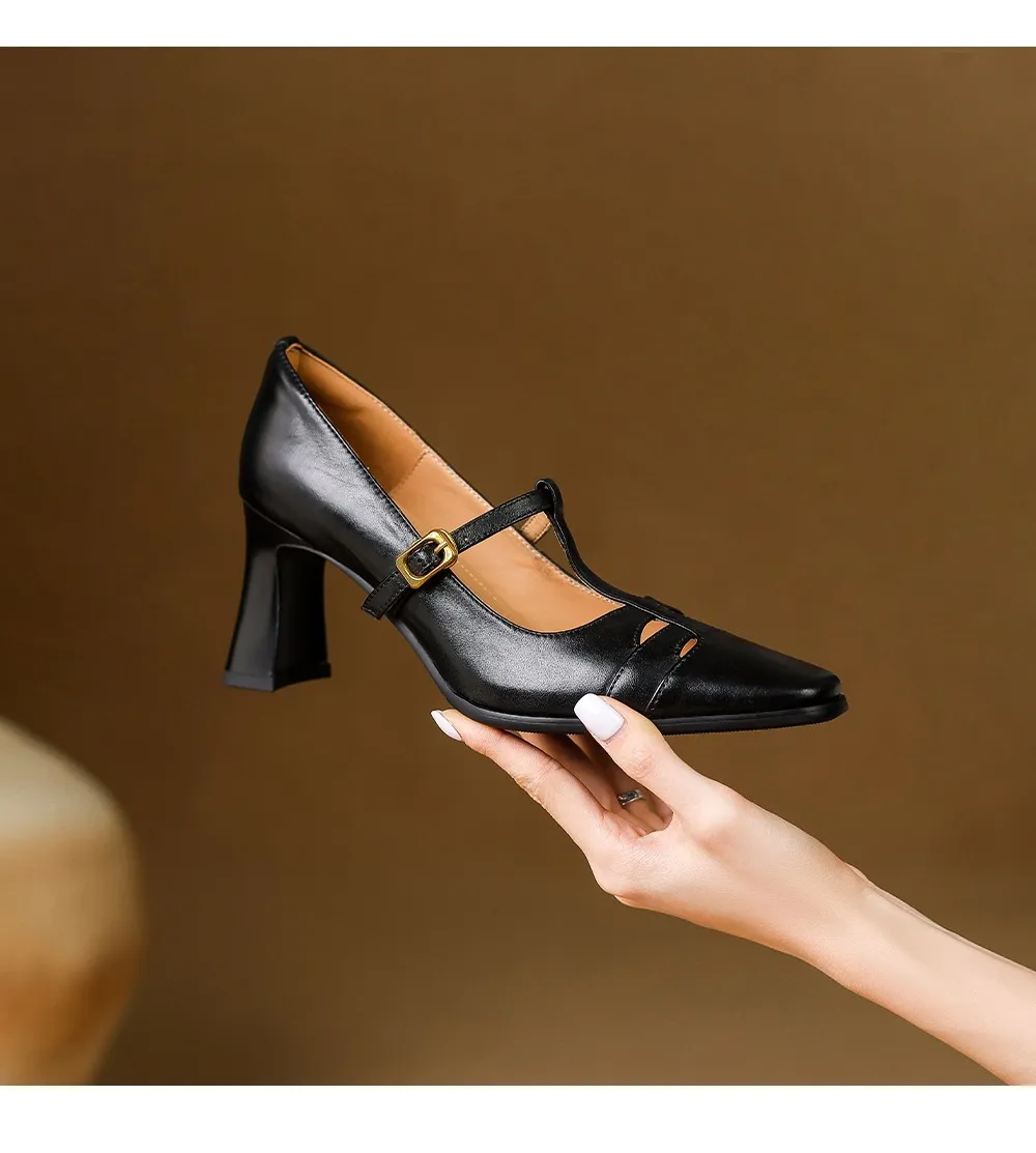 Fashionable spring and autumn hollowed-out shallow open single shoes, first layer washed cowhide square toe Mary Jane shoes for women