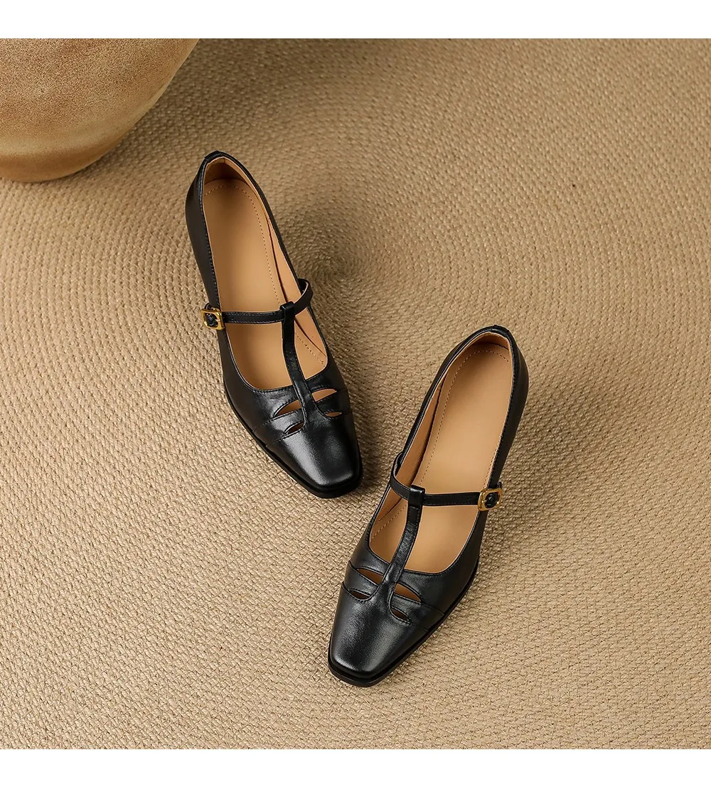 Fashionable spring and autumn hollowed-out shallow open single shoes, first layer washed cowhide square toe Mary Jane shoes for women