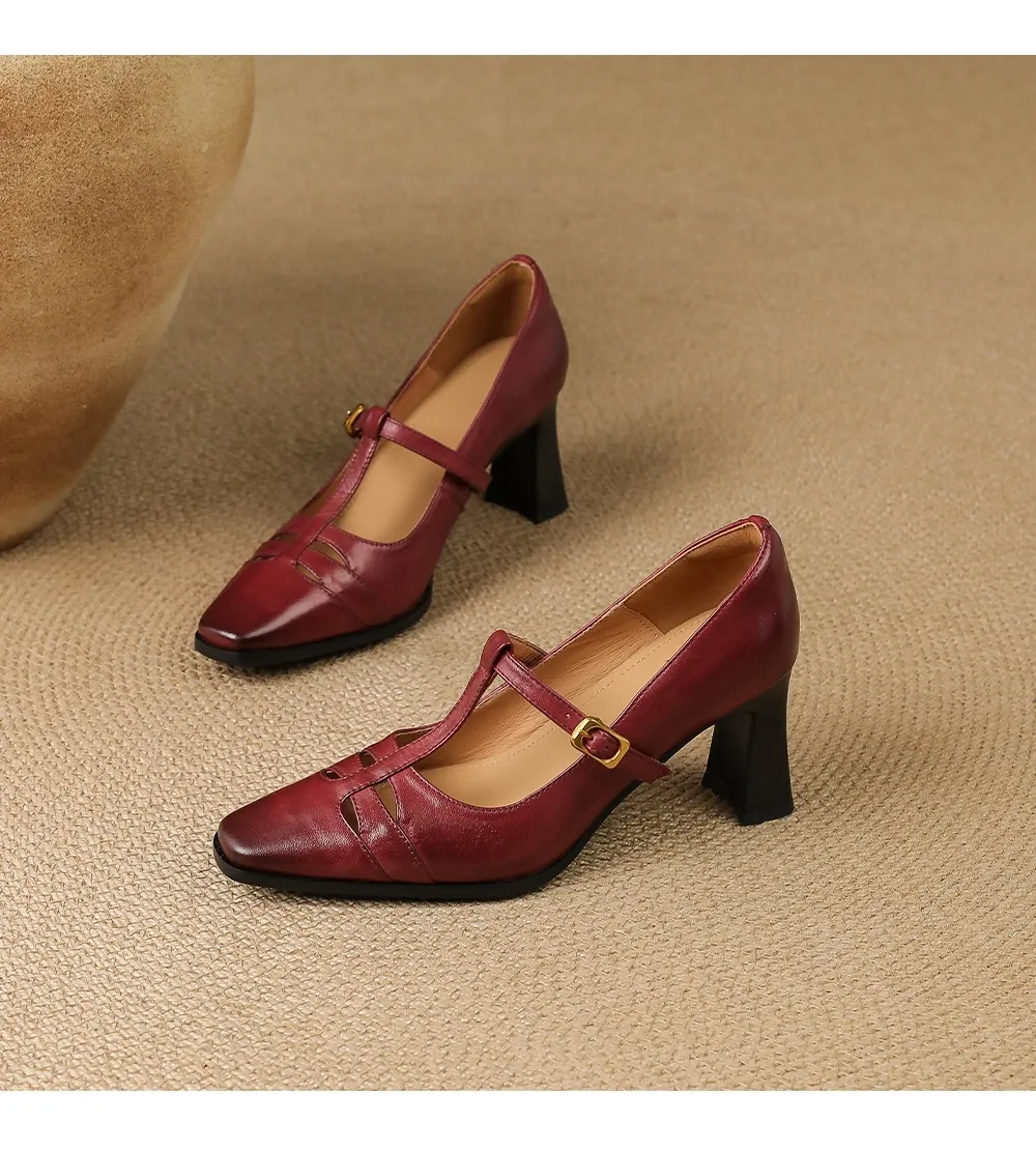 Fashionable spring and autumn hollowed-out shallow open single shoes, first layer washed cowhide square toe Mary Jane shoes for women