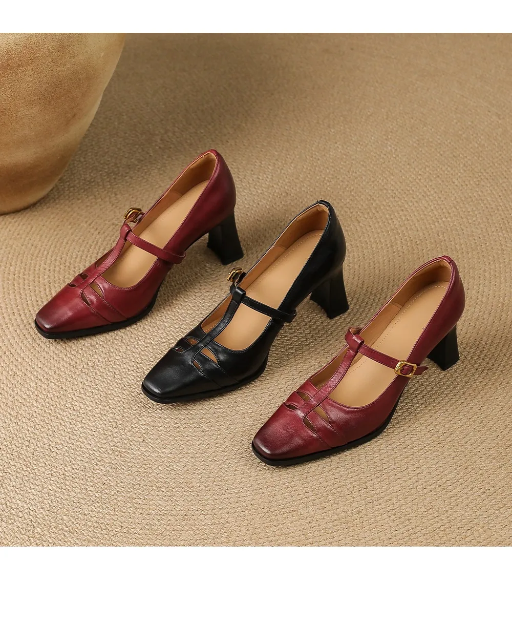 Fashionable spring and autumn hollowed-out shallow open single shoes, first layer washed cowhide square toe Mary Jane shoes for women