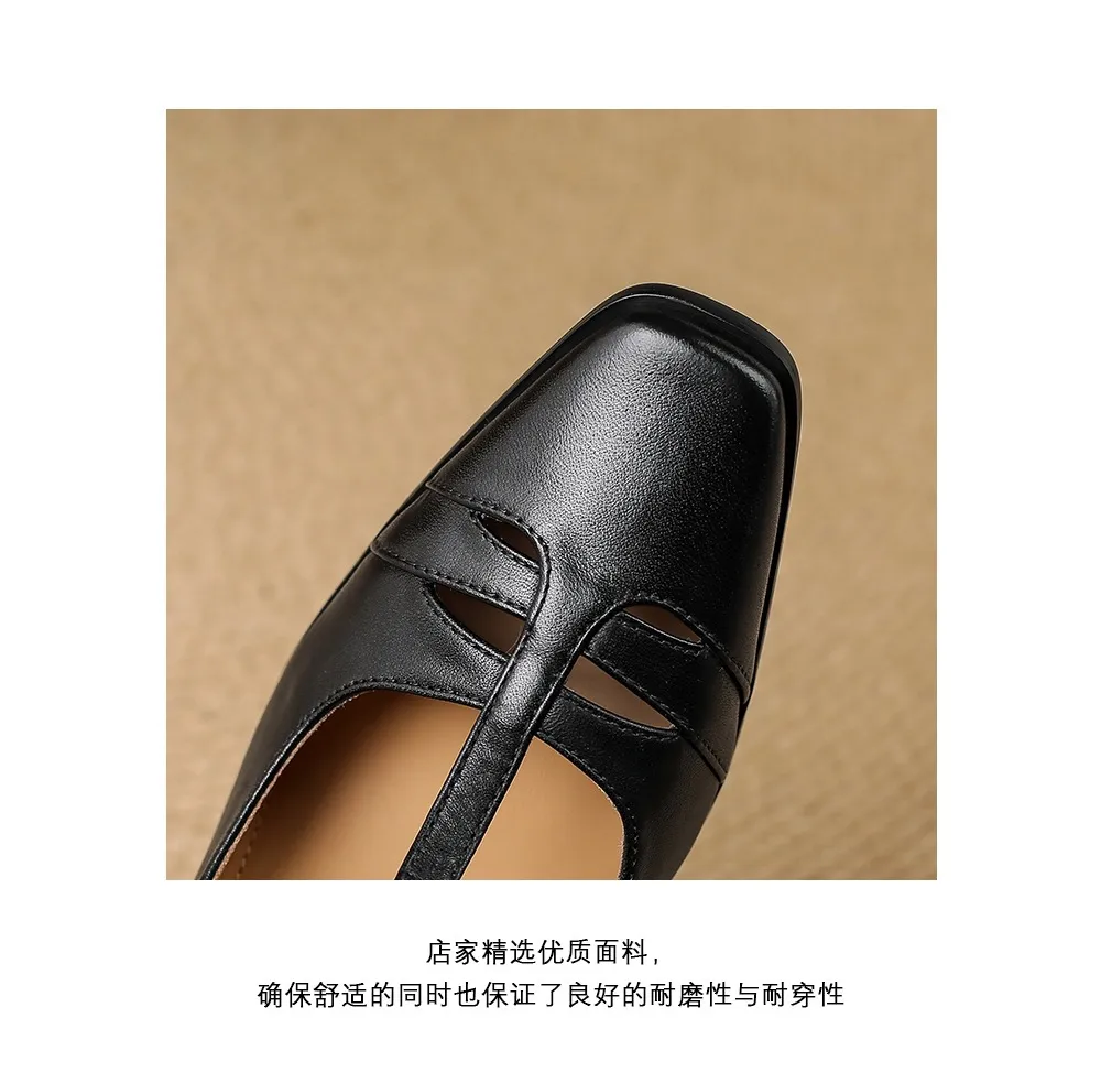 Fashionable spring and autumn hollowed-out shallow open single shoes, first layer washed cowhide square toe Mary Jane shoes for women