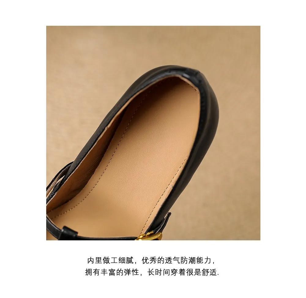Fashionable spring and autumn hollowed-out shallow open single shoes, first layer washed cowhide square toe Mary Jane shoes for women