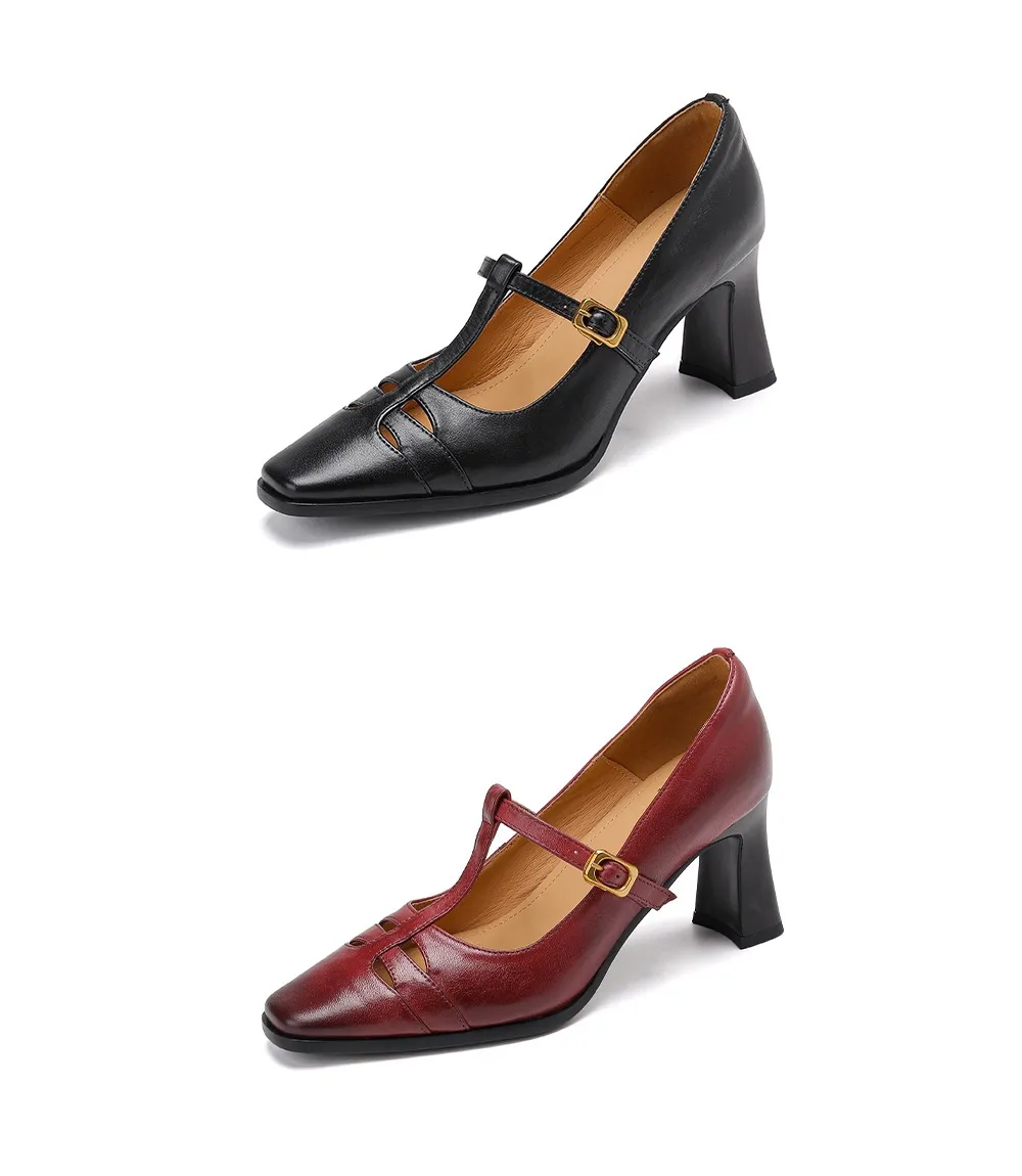 Fashionable spring and autumn hollowed-out shallow open single shoes, first layer washed cowhide square toe Mary Jane shoes for women