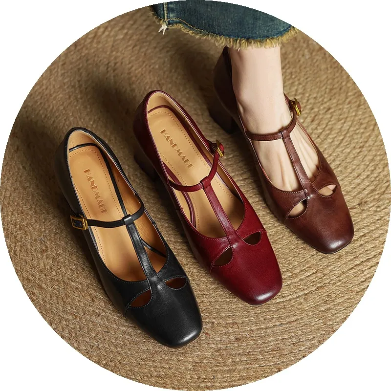 Spring and Autumn Fashionable Low-Cut Mary Jane Shoes with Chunky Heel, Top Layer Cowhide, T-Strap