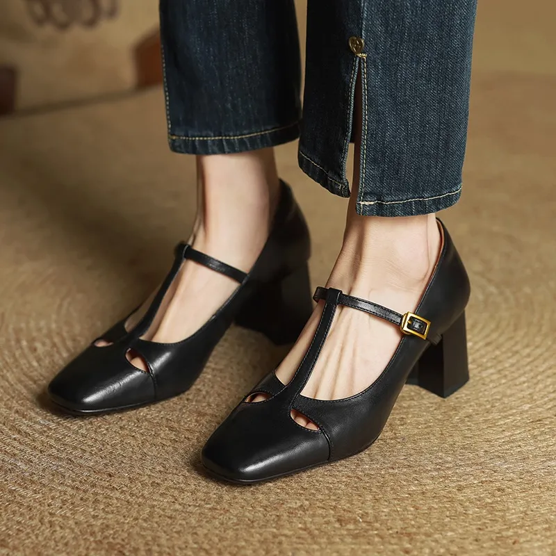 Spring and Autumn Fashionable Low-Cut Mary Jane Shoes with Chunky Heel, Top Layer Cowhide, T-Strap