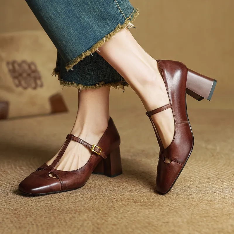 Spring and Autumn Fashionable Low-Cut Mary Jane Shoes with Chunky Heel, Top Layer Cowhide, T-Strap