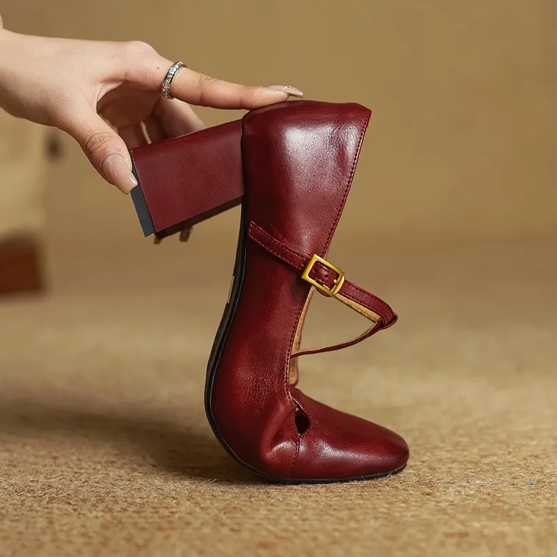 Spring and Autumn Fashionable Low-Cut Mary Jane Shoes with Chunky Heel, Top Layer Cowhide, T-Strap