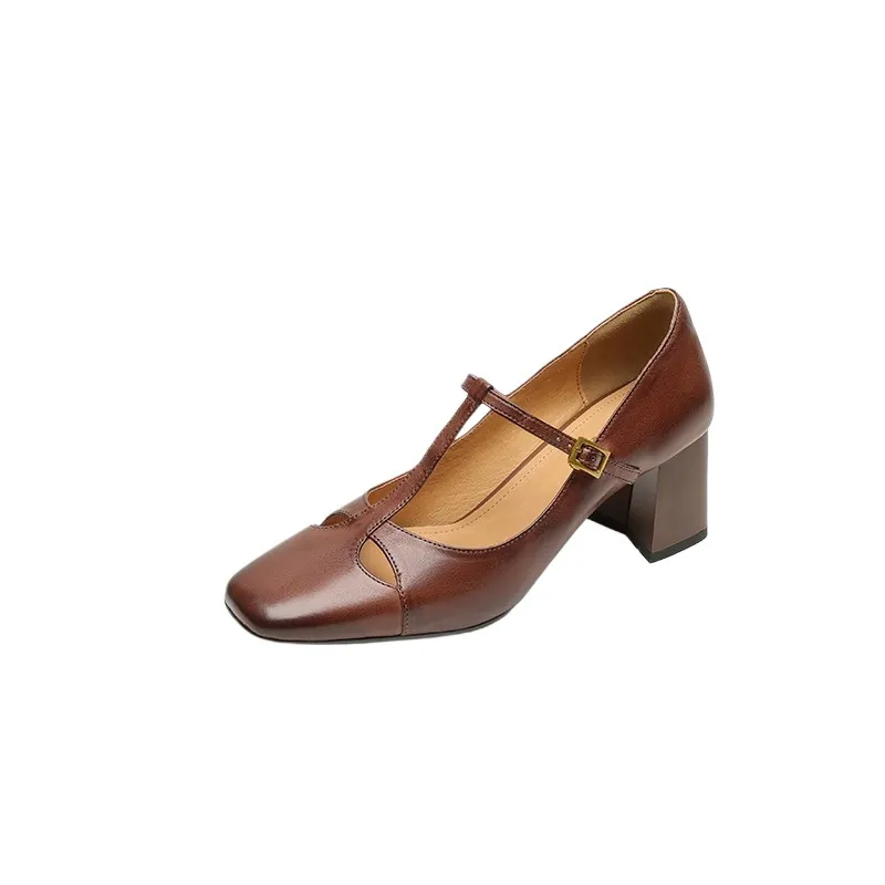 Spring and Autumn Fashionable Low-Cut Mary Jane Shoes with Chunky Heel, Top Layer Cowhide, T-Strap