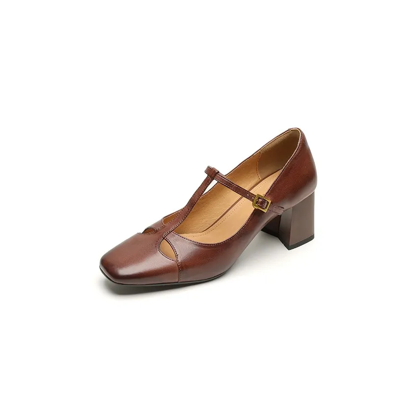 Spring and Autumn Fashionable Low-Cut Mary Jane Shoes with Chunky Heel, Top Layer Cowhide, T-Strap