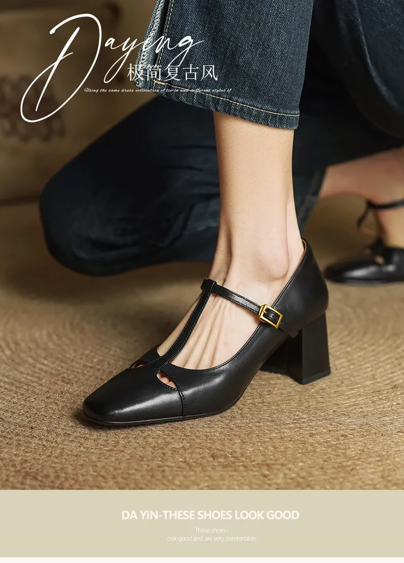 Spring and Autumn Fashionable Low-Cut Mary Jane Shoes with Chunky Heel, Top Layer Cowhide, T-Strap