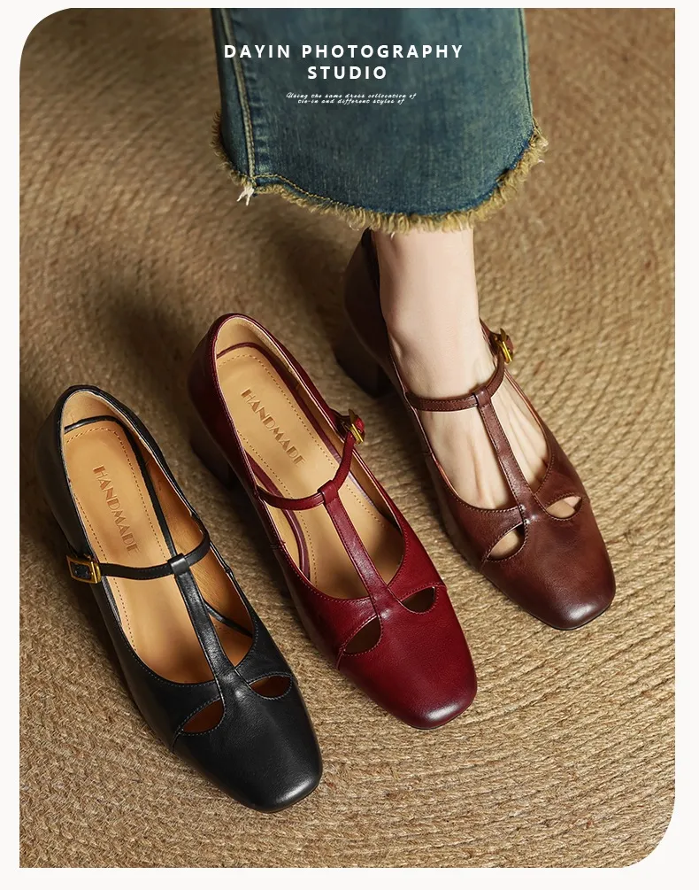 Spring and Autumn Fashionable Low-Cut Mary Jane Shoes with Chunky Heel, Top Layer Cowhide, T-Strap