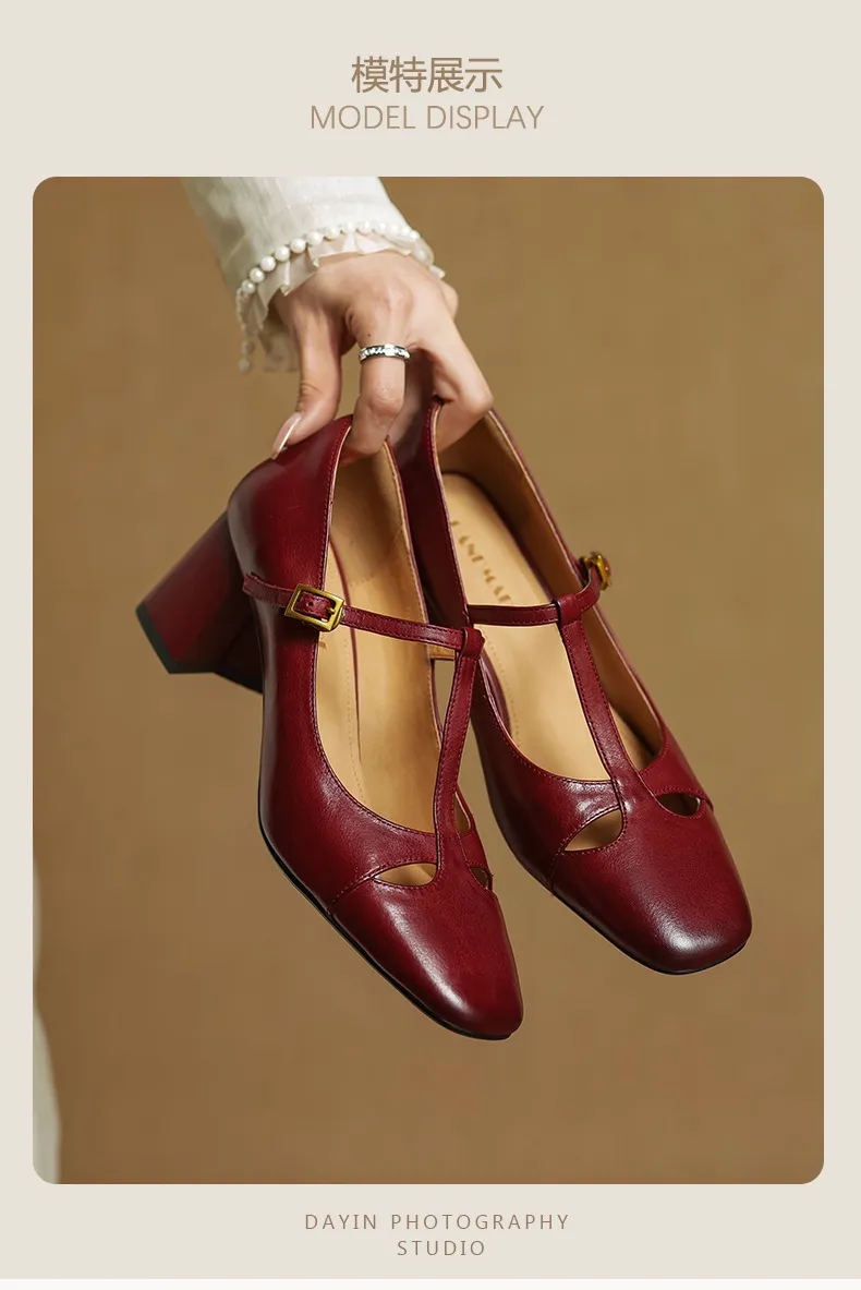 Spring and Autumn Fashionable Low-Cut Mary Jane Shoes with Chunky Heel, Top Layer Cowhide, T-Strap