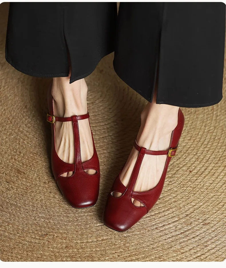 Spring and Autumn Fashionable Low-Cut Mary Jane Shoes with Chunky Heel, Top Layer Cowhide, T-Strap