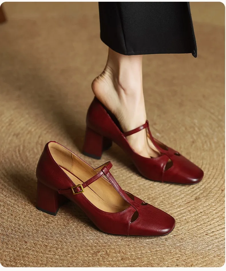 Spring and Autumn Fashionable Low-Cut Mary Jane Shoes with Chunky Heel, Top Layer Cowhide, T-Strap