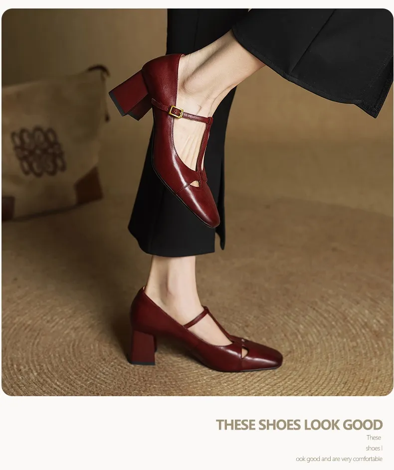 Spring and Autumn Fashionable Low-Cut Mary Jane Shoes with Chunky Heel, Top Layer Cowhide, T-Strap