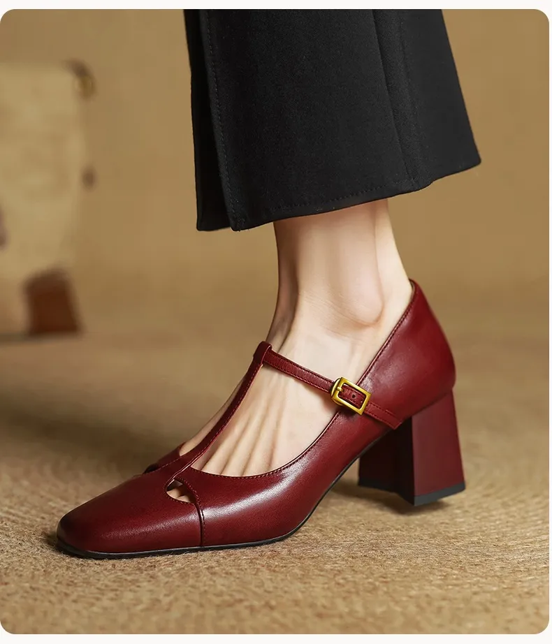 Spring and Autumn Fashionable Low-Cut Mary Jane Shoes with Chunky Heel, Top Layer Cowhide, T-Strap
