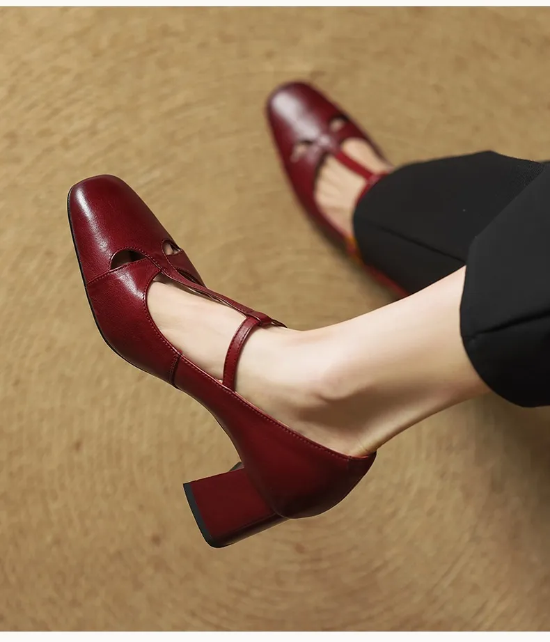 Spring and Autumn Fashionable Low-Cut Mary Jane Shoes with Chunky Heel, Top Layer Cowhide, T-Strap