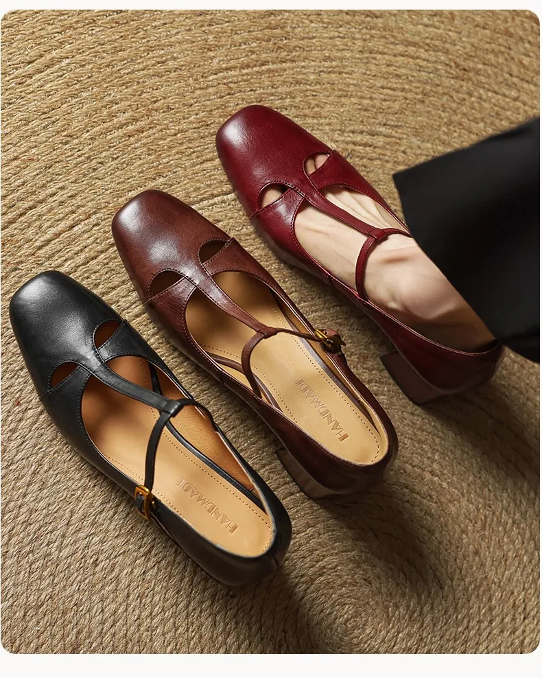 Spring and Autumn Fashionable Low-Cut Mary Jane Shoes with Chunky Heel, Top Layer Cowhide, T-Strap