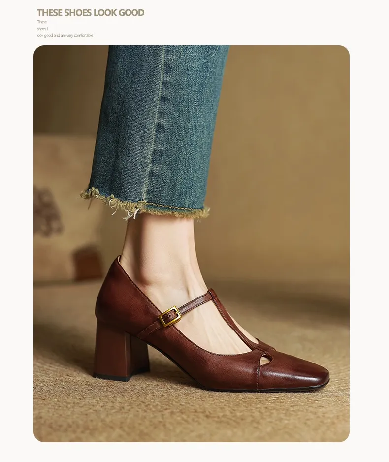 Spring and Autumn Fashionable Low-Cut Mary Jane Shoes with Chunky Heel, Top Layer Cowhide, T-Strap