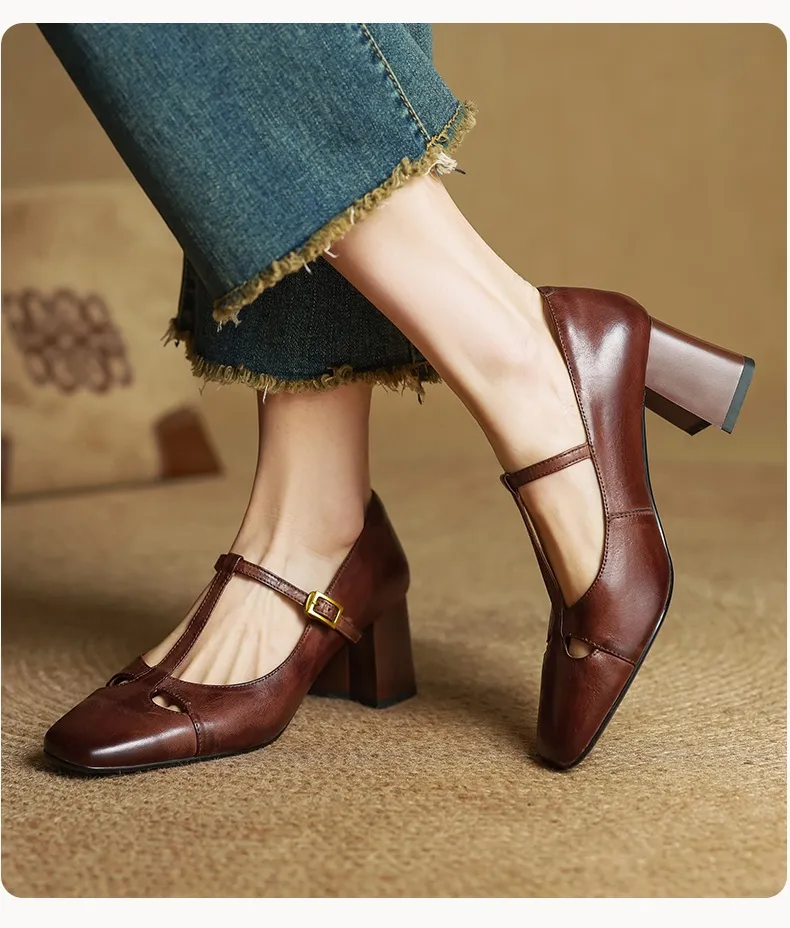 Spring and Autumn Fashionable Low-Cut Mary Jane Shoes with Chunky Heel, Top Layer Cowhide, T-Strap