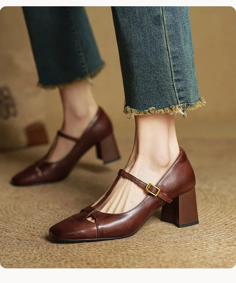 Spring and Autumn Fashionable Low-Cut Mary Jane Shoes with Chunky Heel, Top Layer Cowhide, T-Strap