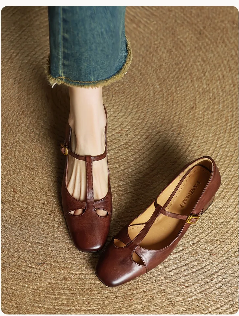 Spring and Autumn Fashionable Low-Cut Mary Jane Shoes with Chunky Heel, Top Layer Cowhide, T-Strap