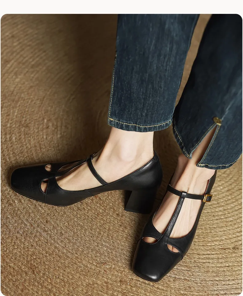 Spring and Autumn Fashionable Low-Cut Mary Jane Shoes with Chunky Heel, Top Layer Cowhide, T-Strap