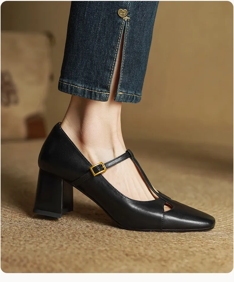 Spring and Autumn Fashionable Low-Cut Mary Jane Shoes with Chunky Heel, Top Layer Cowhide, T-Strap
