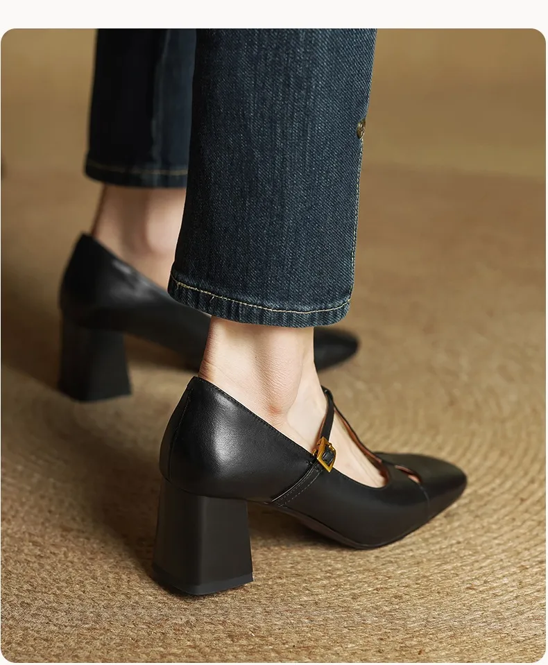 Spring and Autumn Fashionable Low-Cut Mary Jane Shoes with Chunky Heel, Top Layer Cowhide, T-Strap