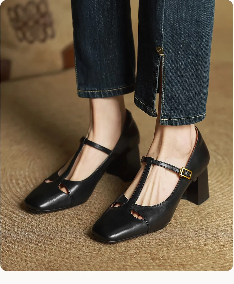 Spring and Autumn Fashionable Low-Cut Mary Jane Shoes with Chunky Heel, Top Layer Cowhide, T-Strap