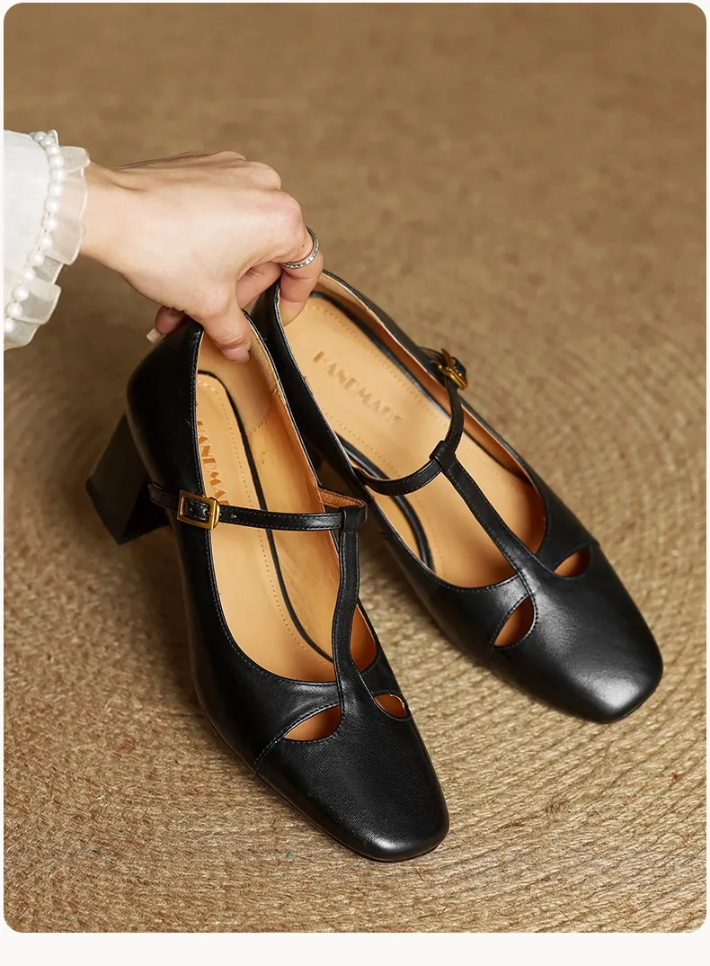 Spring and Autumn Fashionable Low-Cut Mary Jane Shoes with Chunky Heel, Top Layer Cowhide, T-Strap