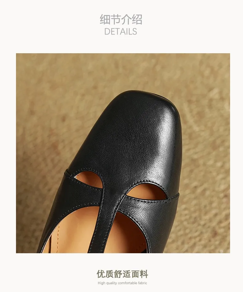 Spring and Autumn Fashionable Low-Cut Mary Jane Shoes with Chunky Heel, Top Layer Cowhide, T-Strap