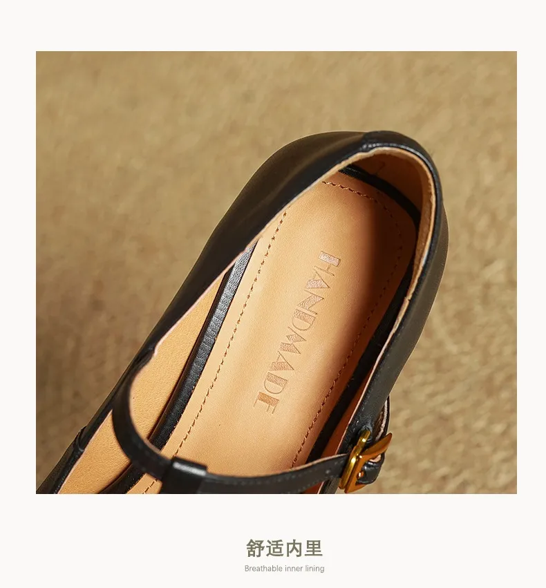 Spring and Autumn Fashionable Low-Cut Mary Jane Shoes with Chunky Heel, Top Layer Cowhide, T-Strap