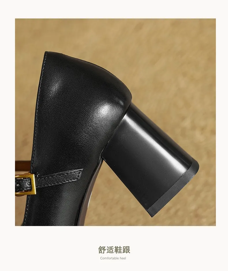 Spring and Autumn Fashionable Low-Cut Mary Jane Shoes with Chunky Heel, Top Layer Cowhide, T-Strap