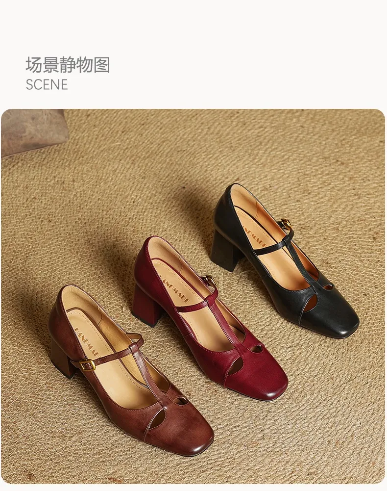 Spring and Autumn Fashionable Low-Cut Mary Jane Shoes with Chunky Heel, Top Layer Cowhide, T-Strap