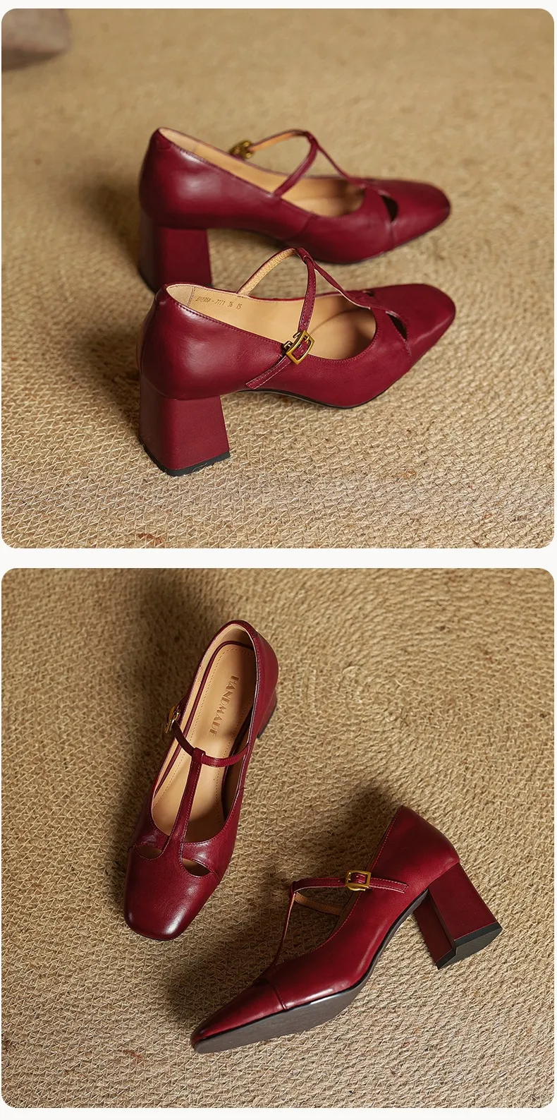 Spring and Autumn Fashionable Low-Cut Mary Jane Shoes with Chunky Heel, Top Layer Cowhide, T-Strap
