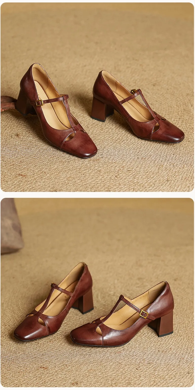 Spring and Autumn Fashionable Low-Cut Mary Jane Shoes with Chunky Heel, Top Layer Cowhide, T-Strap