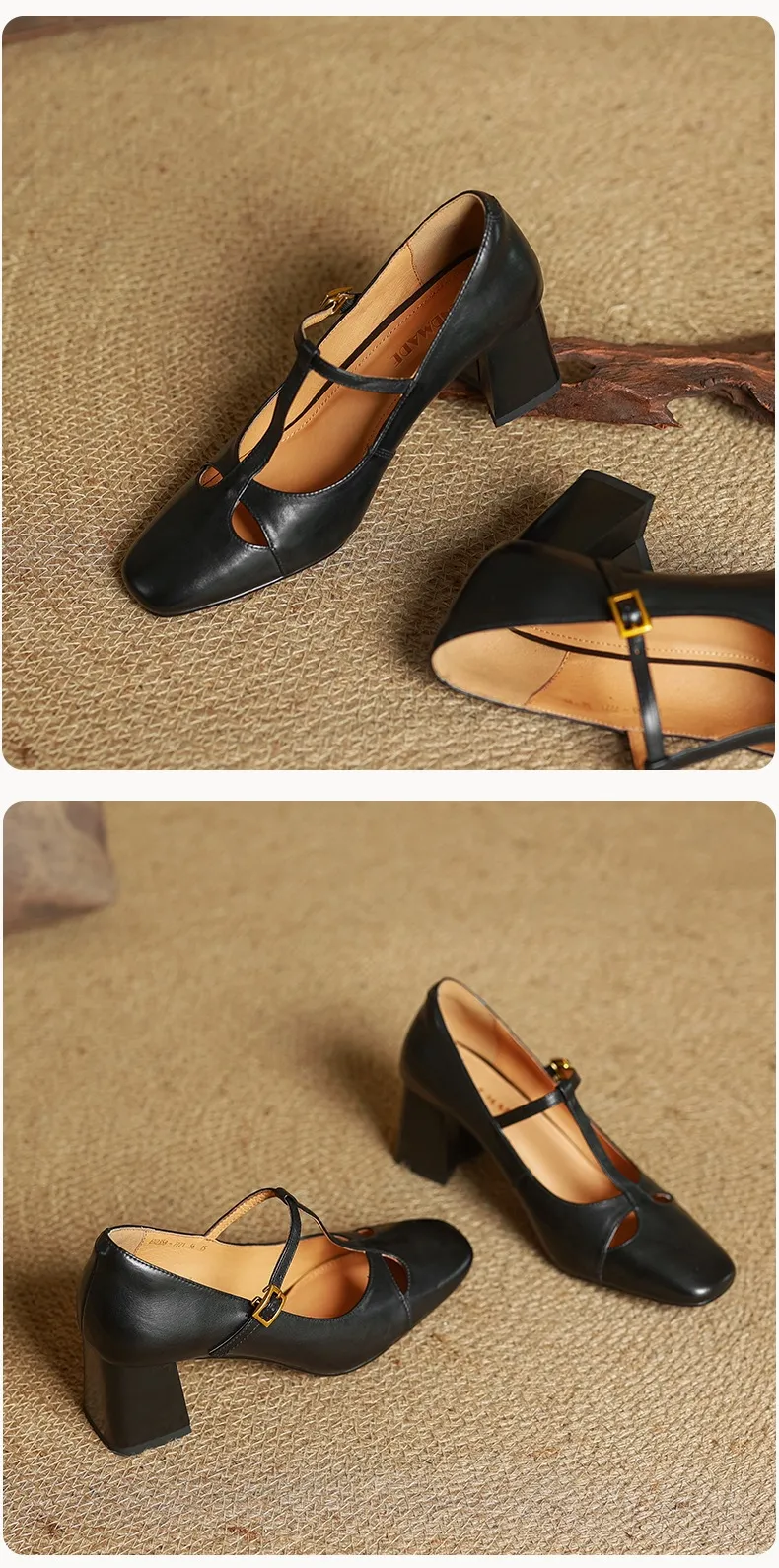 Spring and Autumn Fashionable Low-Cut Mary Jane Shoes with Chunky Heel, Top Layer Cowhide, T-Strap