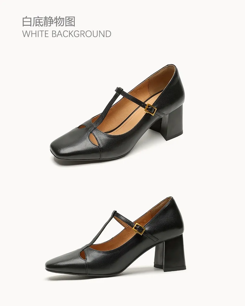 Spring and Autumn Fashionable Low-Cut Mary Jane Shoes with Chunky Heel, Top Layer Cowhide, T-Strap