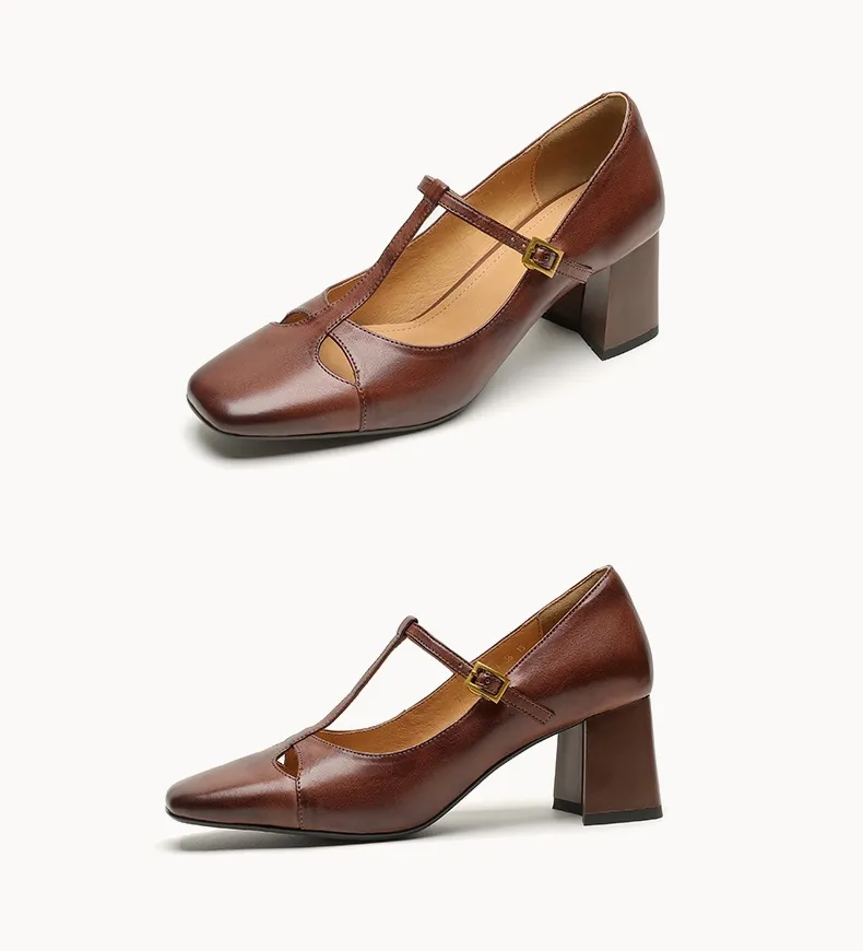 Spring and Autumn Fashionable Low-Cut Mary Jane Shoes with Chunky Heel, Top Layer Cowhide, T-Strap