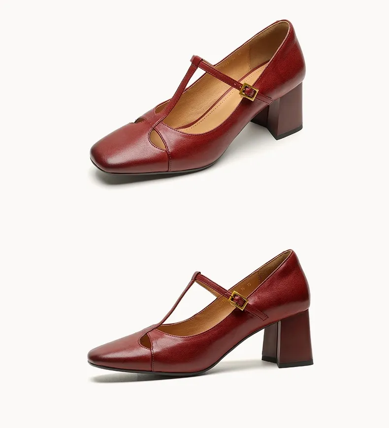 Spring and Autumn Fashionable Low-Cut Mary Jane Shoes with Chunky Heel, Top Layer Cowhide, T-Strap