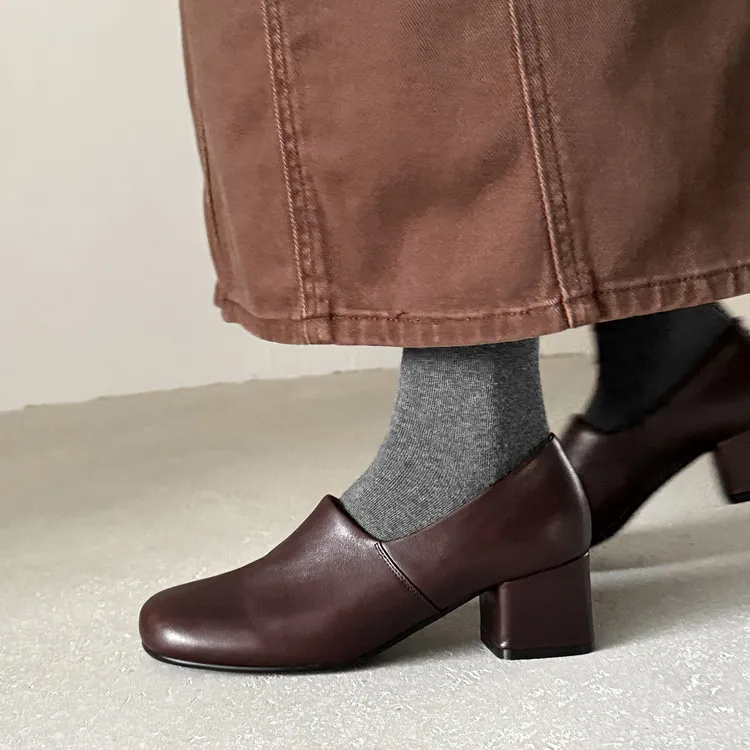 Women's high-heeled cowhide fashion shoes, deep-cut, round toe, chunky heel, black, dark color, sizes 12-17L