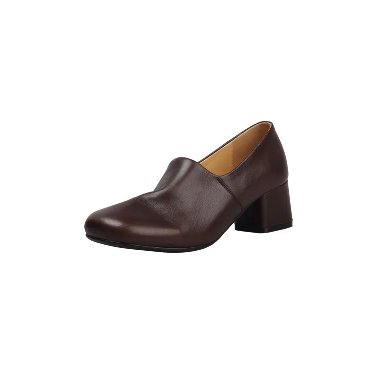 Women's high-heeled cowhide fashion shoes, deep-cut, round toe, chunky heel, black, dark color, sizes 12-17L