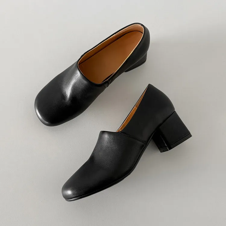 Women's high-heeled cowhide fashion shoes, deep-cut, round toe, chunky heel, black, dark color, sizes 12-17L