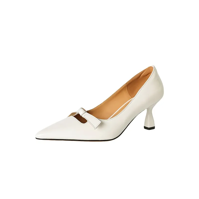 Women's pointed-toe stiletto heels, 7cm high heels, patent leather, low-cut, stylish, elegant, and sexy with a bow.