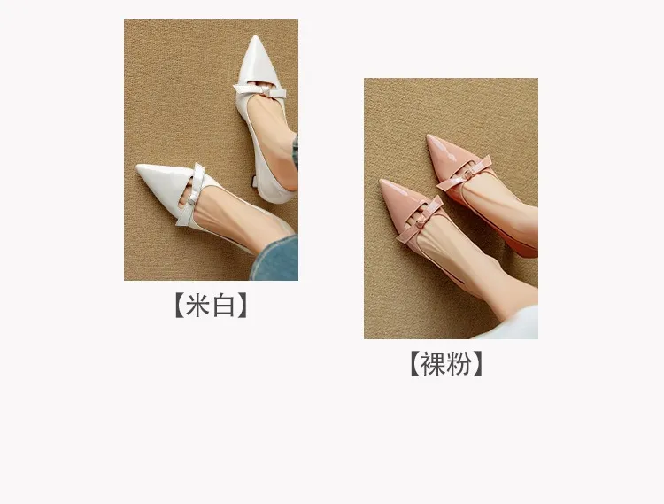 Women's pointed-toe stiletto heels, 7cm high heels, patent leather, low-cut, stylish, elegant, and sexy with a bow.