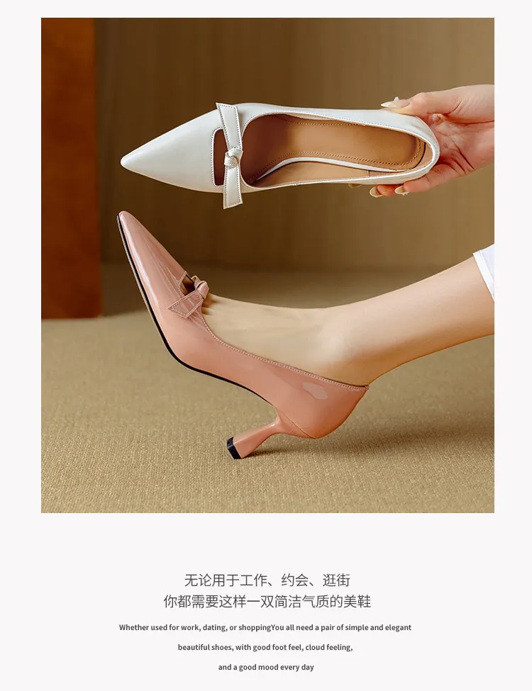 Women's pointed-toe stiletto heels, 7cm high heels, patent leather, low-cut, stylish, elegant, and sexy with a bow.