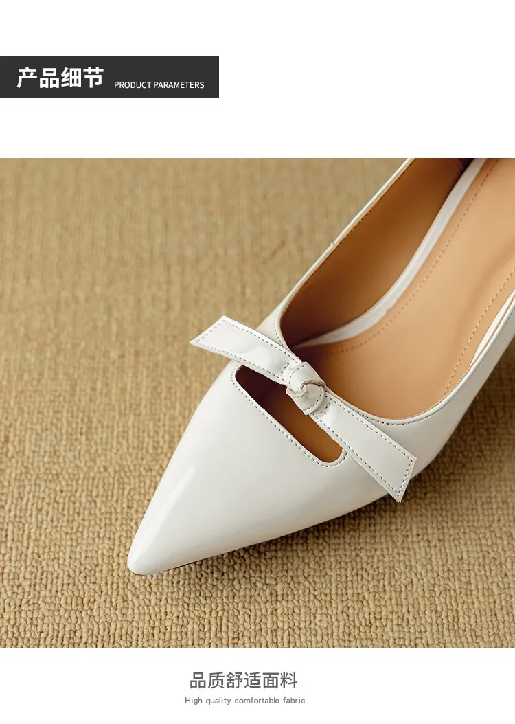 Women's pointed-toe stiletto heels, 7cm high heels, patent leather, low-cut, stylish, elegant, and sexy with a bow.